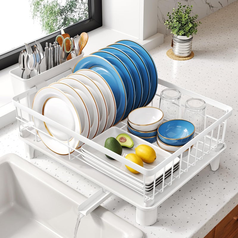 SNTD Dish Drying Rack - Small Dish Rack for Kitchen Counter, Stainless Steel Dish Drainer with Utensil Holder and Drainboard, 11" W x 15" L (White) - Image 1