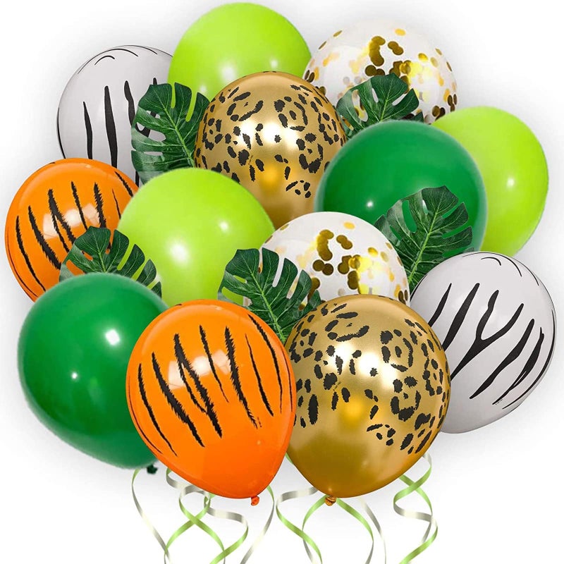 KASTWAVE Jungle Balloons Green Party Balloons 60 Pcs Jungle Animal Print Balloons with Gold Confetti Balloon for Birthday Party Baby Shower Jungle Safari Forest Animal Theme Party Decorations - Image 1