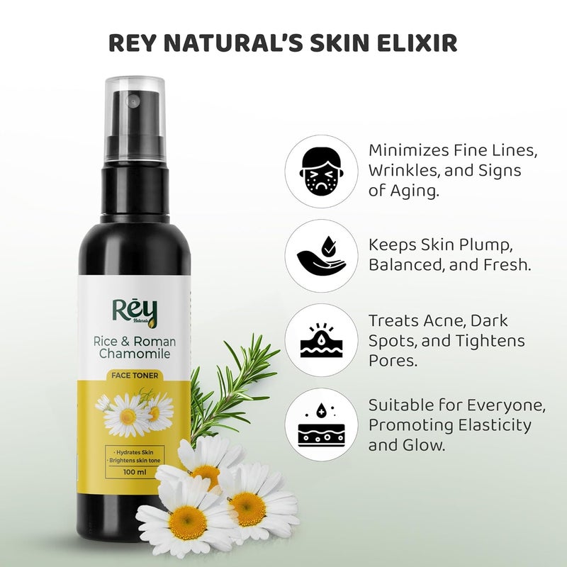 Rey Naturals Rey Naturals Aqua Range  Roman Chamomile Plus Rice Toner For Glowing Skin  100ml  NonOily Rice Water Toner Korean For Women  Men  Toner For Clear Glass  Smooth Skin  For All Skin Types - Image 3