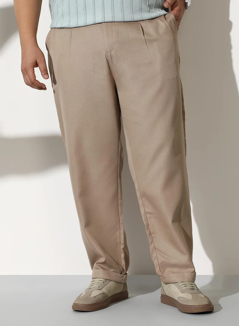 انستافاب بلس Men Pleated-Tailored Trousers | Mid-Rise, Extended-Closure Waistband | Button, Straight Hem | Solid Twill Woven Fabric For Casual & Daily | Sand Beige