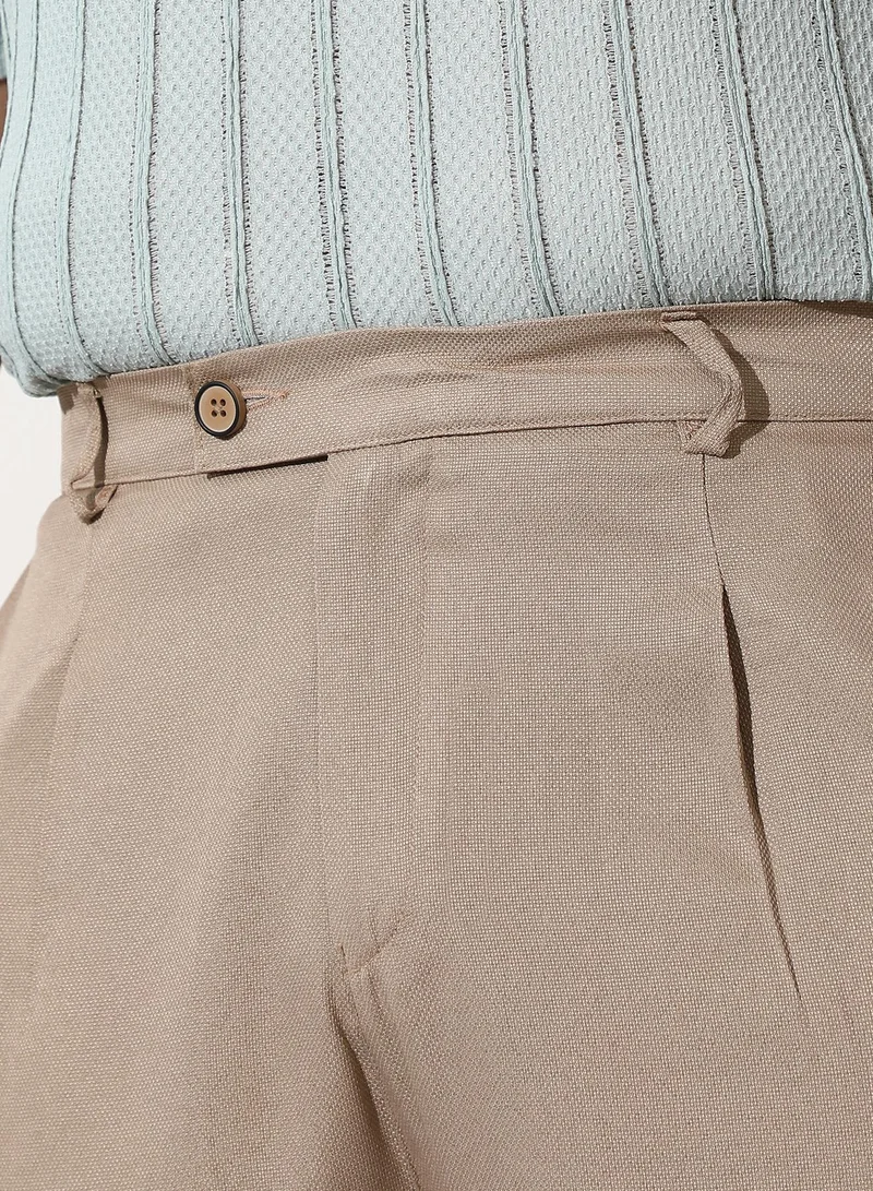 Instafab Plus  Men Pleated-Tailored Trousers | Mid-Rise, Extended-Closure Waistband | Button, Straight Hem | Solid Twill Woven Fabric For Casual & Daily | Sand Beige for Men | Best Price UAE
