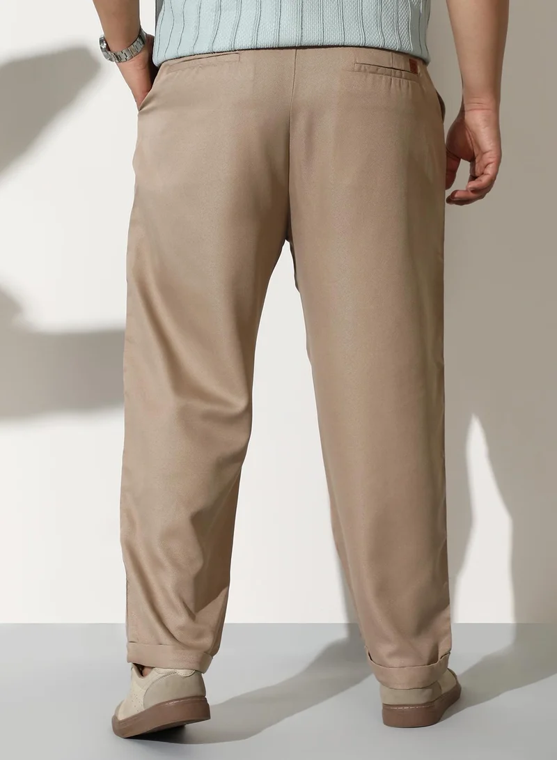 Instafab Plus  Men Pleated-Tailored Trousers | Mid-Rise, Extended-Closure Waistband | Button, Straight Hem | Solid Twill Woven Fabric For Casual & Daily | Sand Beige for Men | Best Price UAE