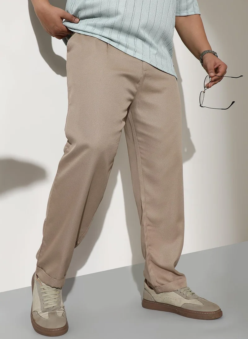انستافاب بلس Men Pleated-Tailored Trousers | Mid-Rise, Extended-Closure Waistband | Button, Straight Hem | Solid Twill Woven Fabric For Casual & Daily | Sand Beige