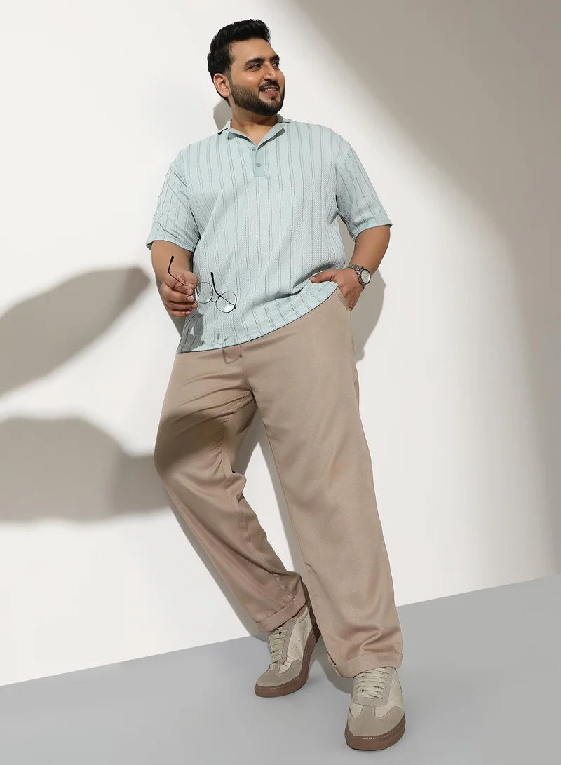 Instafab Plus  Men Pleated-Tailored Trousers | Mid-Rise, Extended-Closure Waistband | Button, Straight Hem | Solid Twill Woven Fabric For Casual & Daily | Sand Beige for Men | Best Price UAE