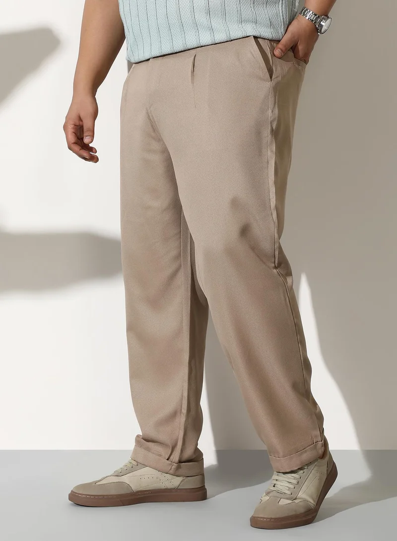 Instafab Plus  Men Pleated-Tailored Trousers | Mid-Rise, Extended-Closure Waistband | Button, Straight Hem | Solid Twill Woven Fabric For Casual & Daily | Sand Beige for Men | Best Price UAE