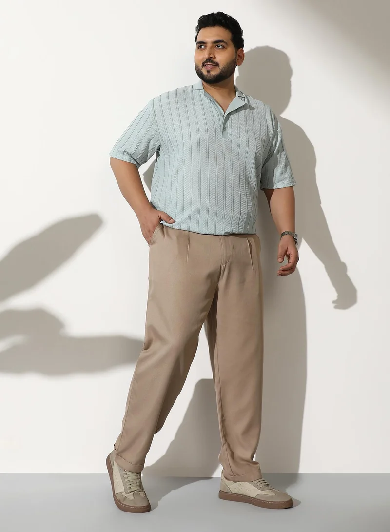 Instafab Plus  Men Pleated-Tailored Trousers | Mid-Rise, Extended-Closure Waistband | Button, Straight Hem | Solid Twill Woven Fabric For Casual & Daily | Sand Beige for Men | Best Price UAE