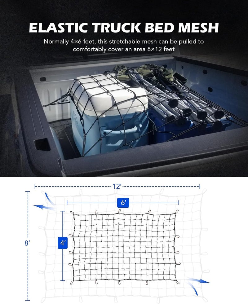 Cargo Net for Pickup Truck Bed, 4'x6' Stretches to 8'x12' Cargo Roof Rack Netting Compatible with Ford Ram GMC Toyota Chevrolet, Bungee Net Mesh with Handmade Knots 16 Carabiners - Image 4