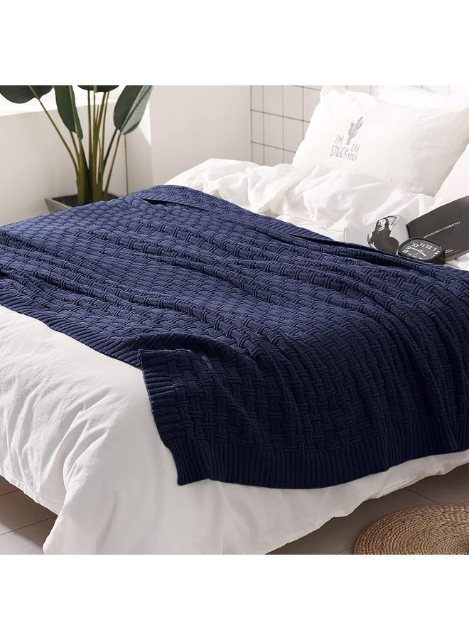 TREELY TREELY 100 Cotton Knitted Throw Blanket Couch Cover Blanket50 x 60 Inches Navy  - Image 5
