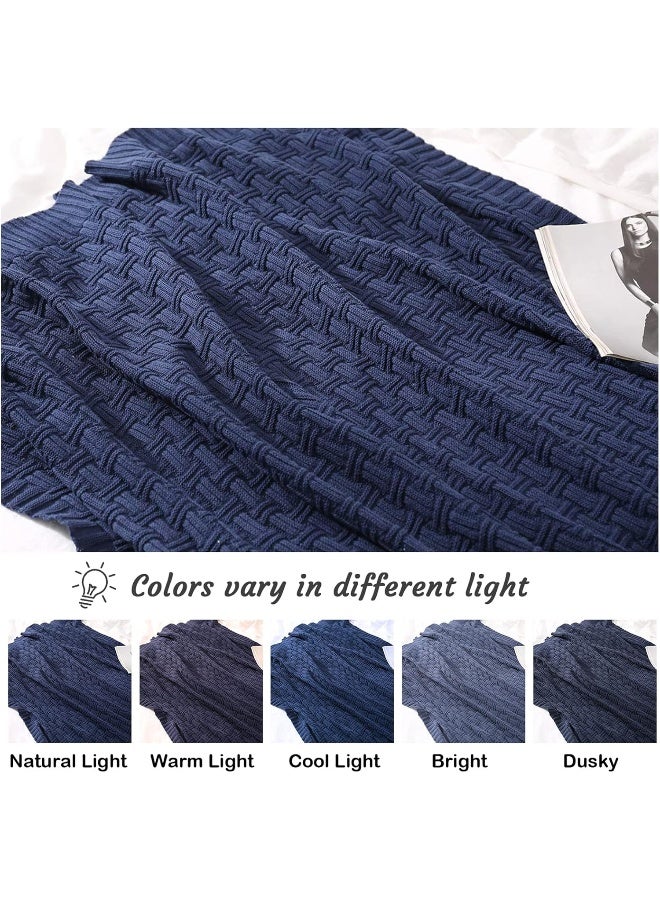 TREELY TREELY 100 Cotton Knitted Throw Blanket Couch Cover Blanket50 x 60 Inches Navy  - Image 4