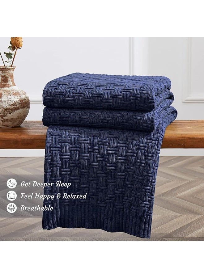 TREELY TREELY 100 Cotton Knitted Throw Blanket Couch Cover Blanket50 x 60 Inches Navy  - Image 3