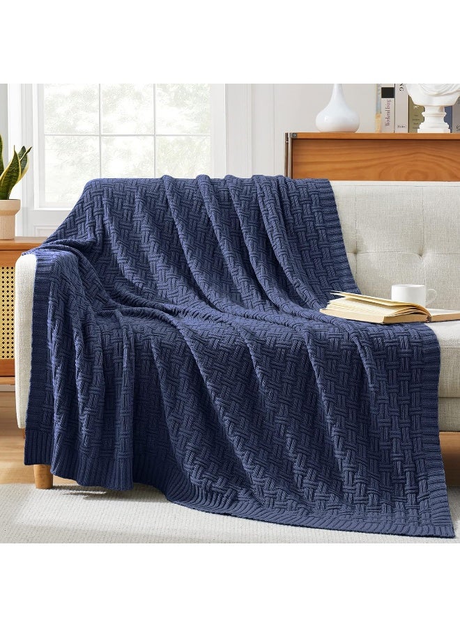 TREELY TREELY 100 Cotton Knitted Throw Blanket Couch Cover Blanket50 x 60 Inches Navy  - Image 2