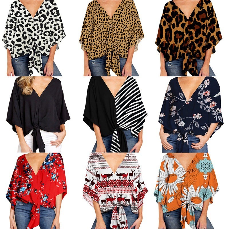 V Collar Half-Sleeve Printed Short Front Lace-Up Casual All-Match Internet-Popular T-Shirt - Image 2