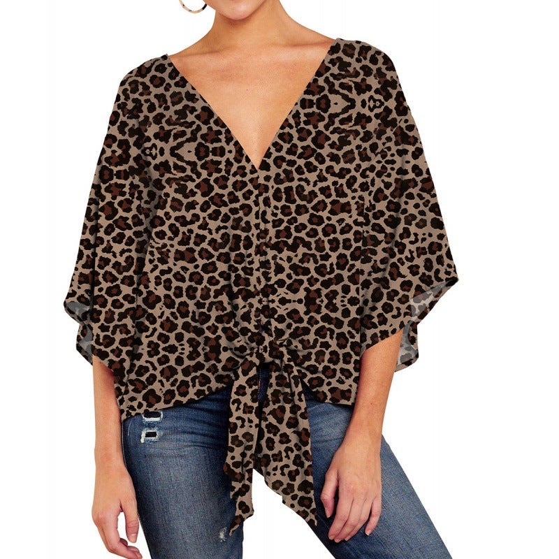 V Collar Half-Sleeve Printed Short Front Lace-Up Casual All-Match Internet-Popular T-Shirt - Image 1