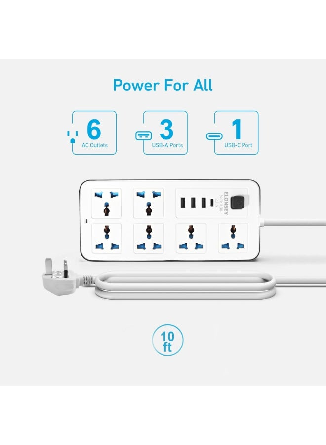 إيلونسي توصيلة كهرباء 6 مخارج و 3 منافذ يوايس بى 3 متر , سلك تمديد طاقة عالمي بطول 3 متر مع 6 مقابس طاقة ومَنفَذ يو إس بي سي - Image 5
