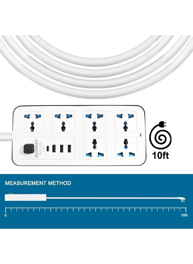 إيلونسي توصيلة كهرباء 6 مخارج و 3 منافذ يوايس بى 3 متر , سلك تمديد طاقة عالمي بطول 3 متر مع 6 مقابس طاقة ومَنفَذ يو إس بي سي - Image 2