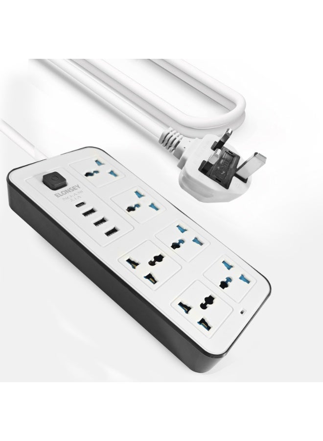 إيلونسي توصيلة كهرباء 6 مخارج و 3 منافذ يوايس بى 3 متر , سلك تمديد طاقة عالمي بطول 3 متر مع 6 مقابس طاقة ومَنفَذ يو إس بي سي - Image 1