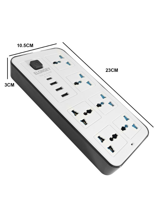 إيلونسي توصيلة كهرباء 6 مخارج و 3 منافذ يوايس بى 3 متر , سلك تمديد طاقة عالمي بطول 3 متر مع 6 مقابس طاقة ومَنفَذ يو إس بي سي - Image 3