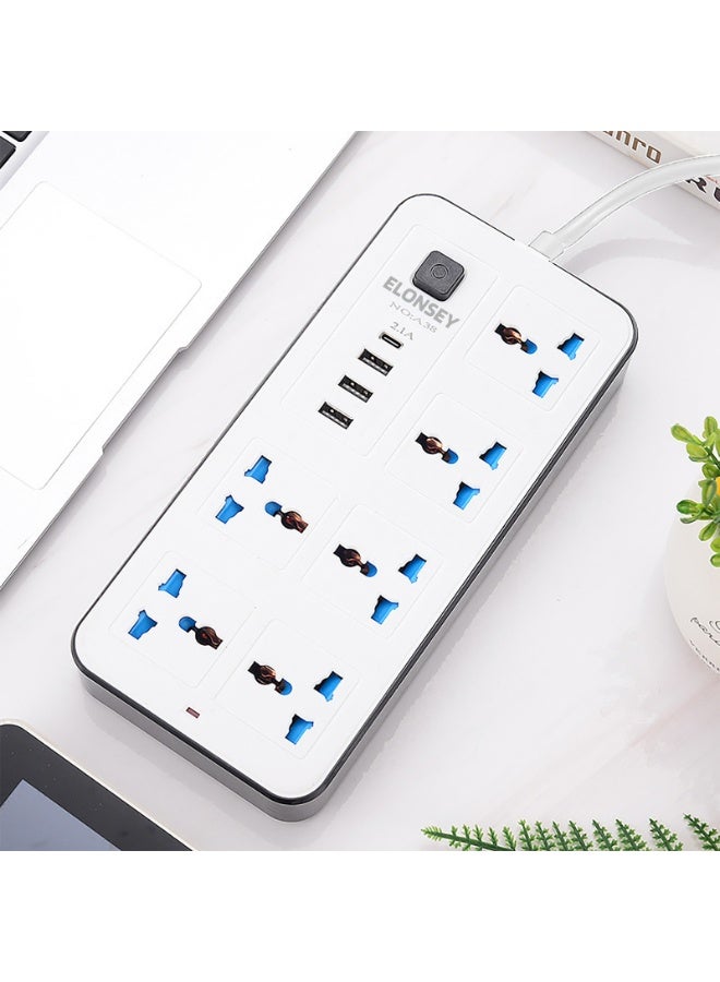 إيلونسي توصيلة كهرباء 6 مخارج و 3 منافذ يوايس بى 3 متر , سلك تمديد طاقة عالمي بطول 3 متر مع 6 مقابس طاقة ومَنفَذ يو إس بي سي - Image 4