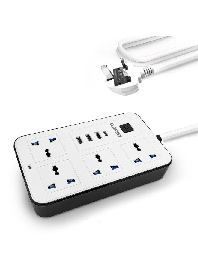 ELONSEY 3M Universal Power Extension Cord with USB C, 4 Way Power Strip with USB Type C PD Outlet, Extension Lead 3 Meter - White - Image 1