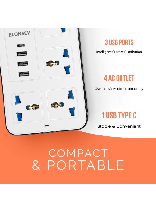 ELONSEY 3M Universal Power Extension Cord with USB C, 4 Way Power Strip with USB Type C PD Outlet, Extension Lead 3 Meter - White - Image 3