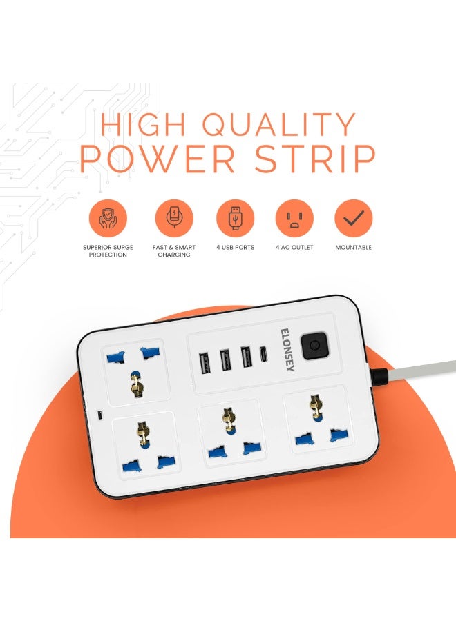 ELONSEY 3M Universal Power Extension Cord with USB C, 4 Way Power Strip with USB Type C PD Outlet, Extension Lead 3 Meter - White - Image 4