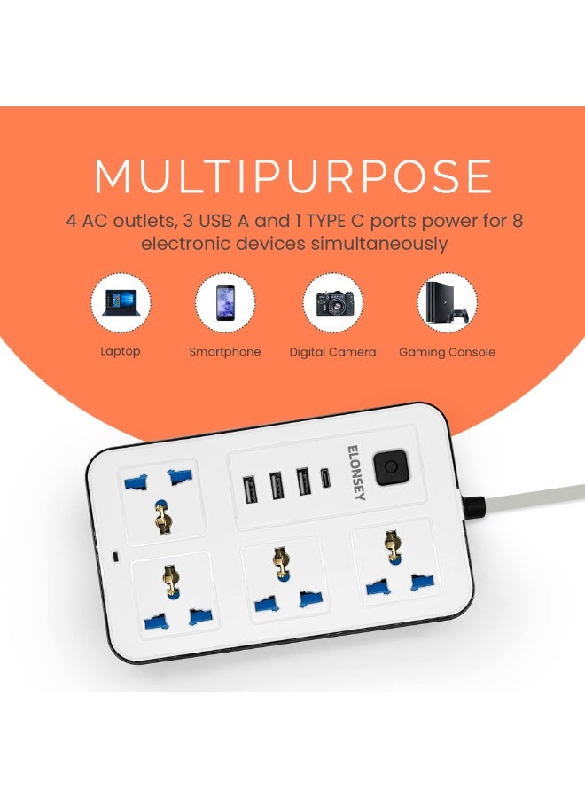 ELONSEY 3M Universal Power Extension Cord with USB C, 4 Way Power Strip with USB Type C PD Outlet, Extension Lead 3 Meter - White - Image 2