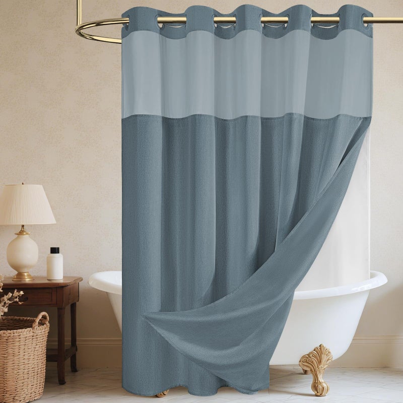 WONICY No Hook Shower Curtain with Snap in Liner, Polyester Textured Shower Curtain with Liner Set, Waterproof Washable Hotel Style Shower Curtains for Bathroom, 71Wx74H, Blue Grey - Image 1