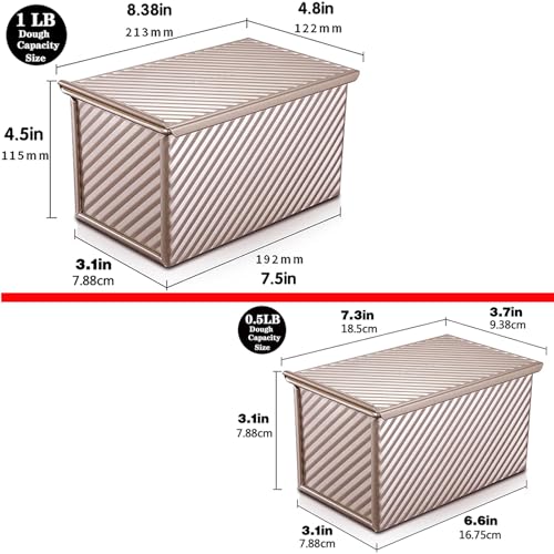 Cayanmydery 2 Pack Pullman Loaf Pan with Lid, 1 lb/0.5 lb Dough Capacity, Carbon Steel Corrugated, Non-Stick Sandwich Bread Loaf Pan with Lid - Image 2