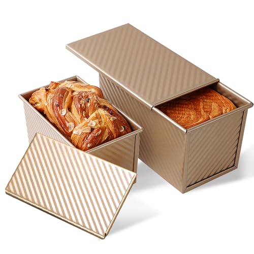 Cayanmydery 2 Pack Pullman Loaf Pan with Lid, 1 lb/0.5 lb Dough Capacity, Carbon Steel Corrugated, Non-Stick Sandwich Bread Loaf Pan with Lid - Image 1