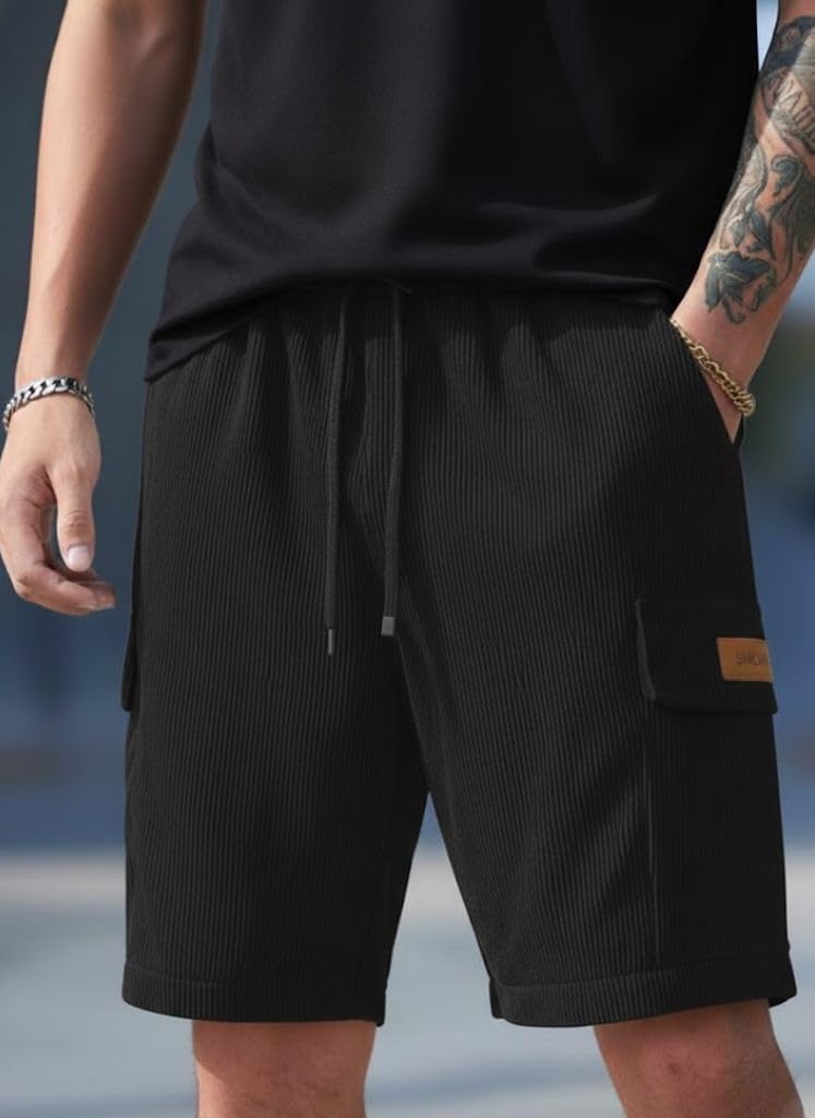 SMOWKLY Authentics Classic Men's Ribbed Polycotton Relaxed Fit Cargo Stretch Shorts || Half Pant with Drawstring & 4 Pockets || Lightweight & Quick Dry (1668_BK_S) Black - Image 4