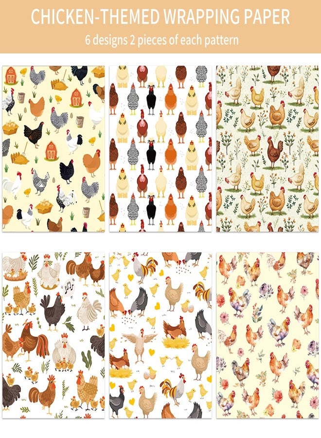 EoBeCy Farm Chicken Wrapping Paper, 12 Sheets Folded Gift Wrap for Birthday Chriatmas Holiday, 6 Cute Hen Rooster Designs for Farmhouse DIY Crafts, 20 x 28 inch Folded Flat for Kids Adults Party Supplies - Image 3