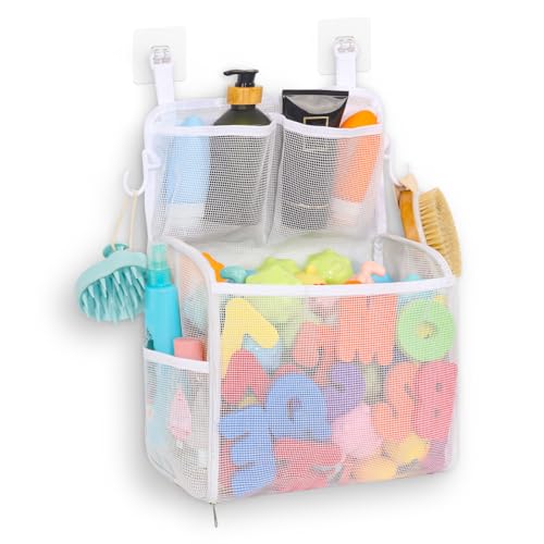 Goowin Bath Toy Storage Holder Large Openings Bath Toy Organizer Large Capacity Mesh Bathtub Toy Storage Multi Use Bath Tub Toy Holder for Bathroom White - Image 1