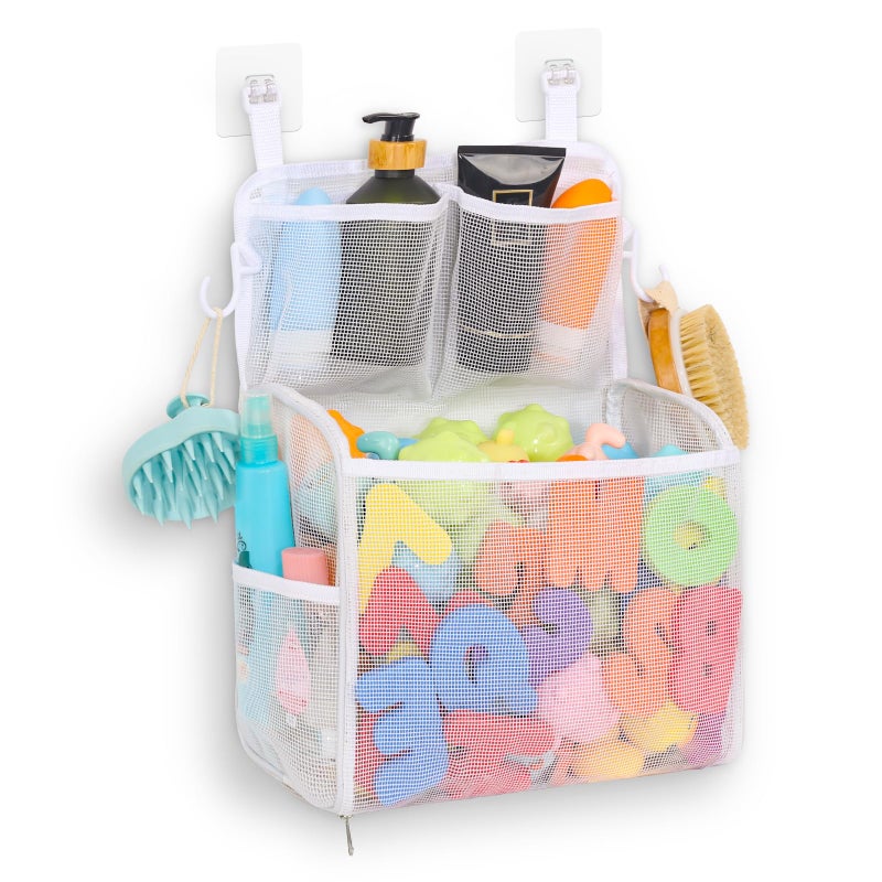 Goowin Bath Toy Storage Holder Large Openings Bath Toy Organizer Large Capacity Mesh Bathtub Toy Storage Multi Use Bath Tub Toy Holder for Bathroom White - Image 3