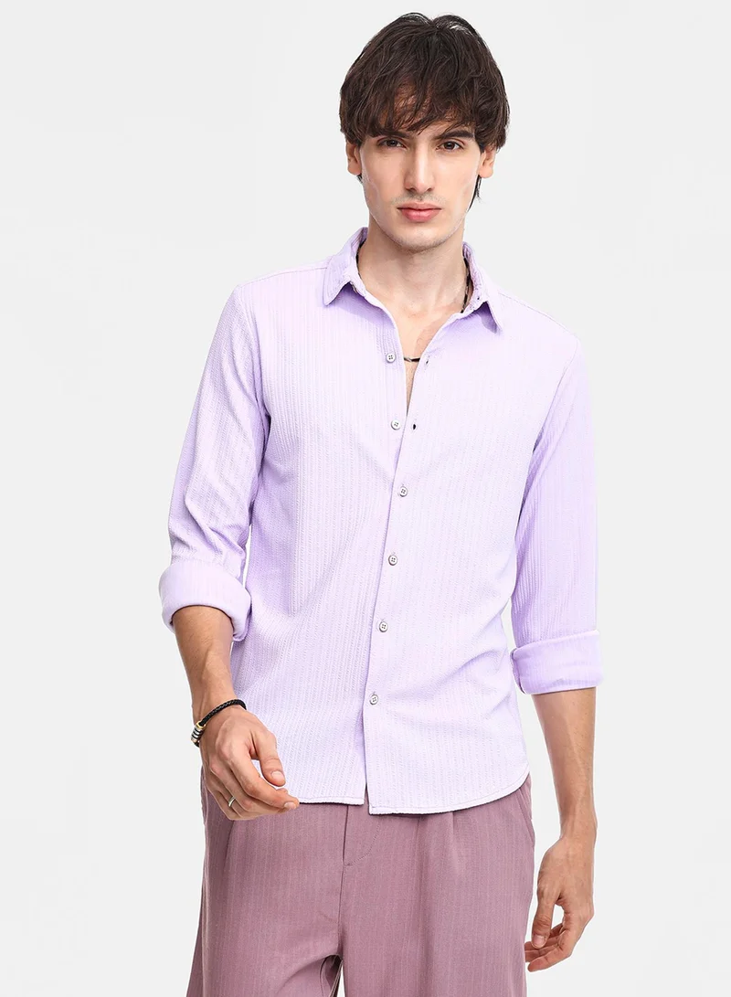 كامبوس سوترا Men's Lilac Stripe-Creased Shirt For Casual Wear | Spread Collar | Long Sleeve | Button Closure | Shirt Crafted With Comfort Fit For Everyday Wear