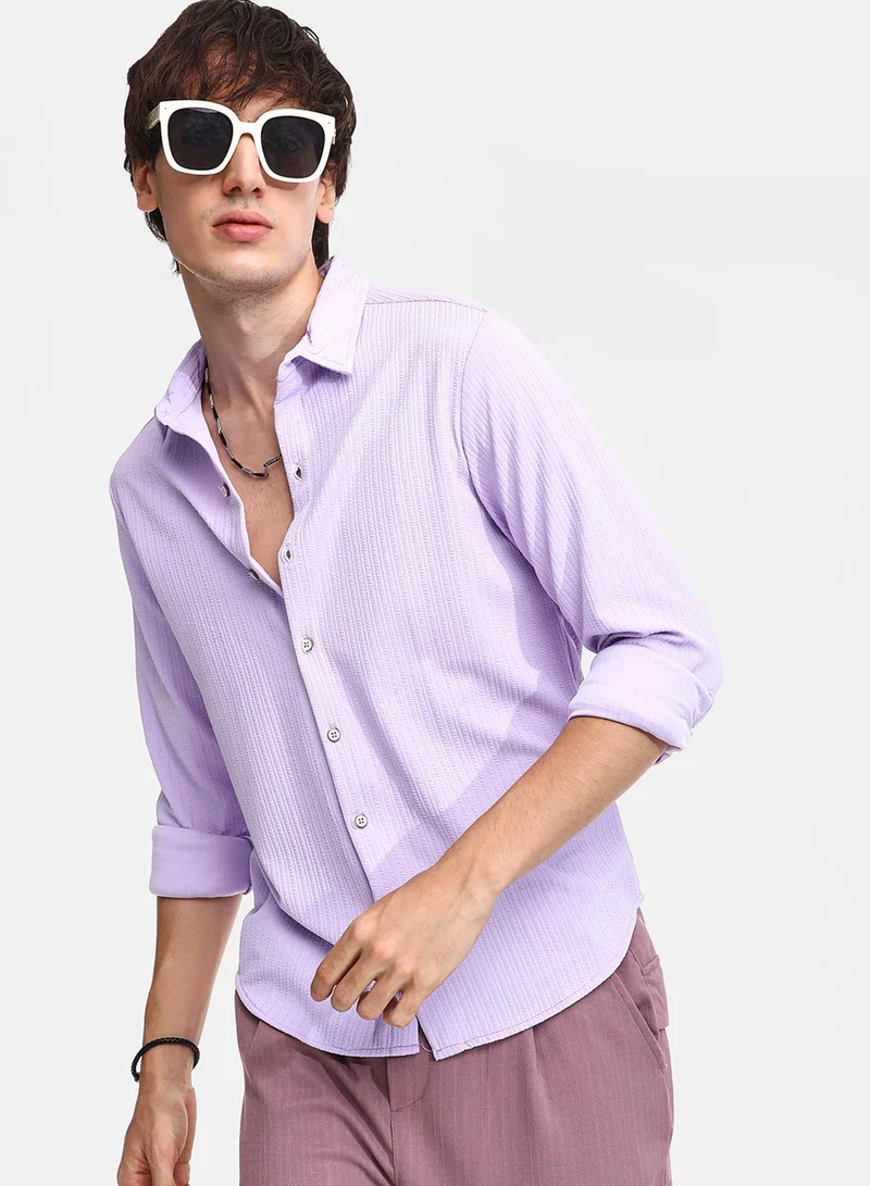 كامبوس سوترا Men's Lilac Stripe-Creased Shirt For Casual Wear | Spread Collar | Long Sleeve | Button Closure | Shirt Crafted With Comfort Fit For Everyday Wear