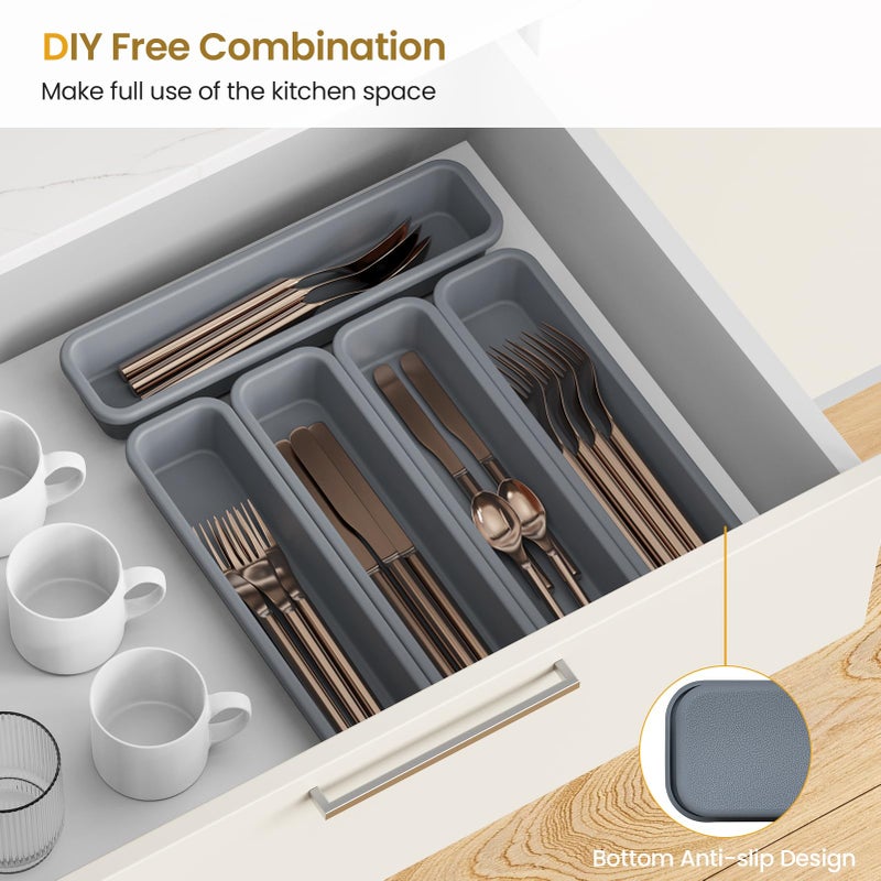 K KORKUAN 5 Pack Silicone Drawer Organizer for Kitchen, DIY Free Combination Silverware Organizer, Utensil Drawer Organizer, Moisture-proof and Heat-resistant up to 200Â°C, Anti-slip Design (Grey) - Image 4