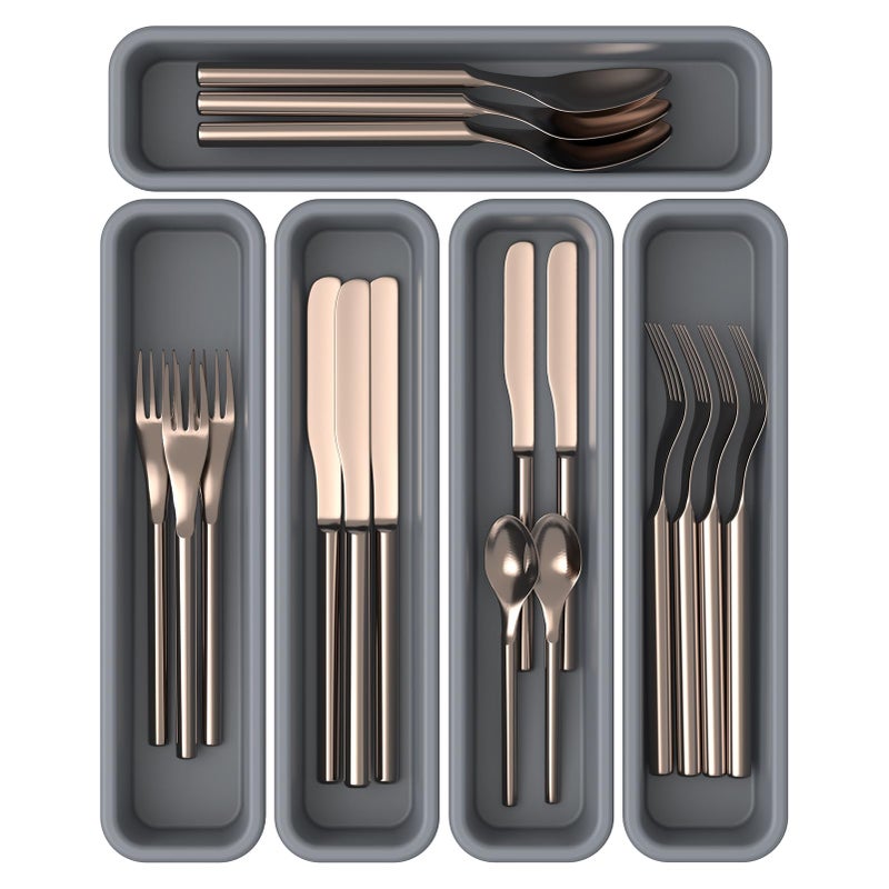 K KORKUAN 5 Pack Silicone Drawer Organizer for Kitchen, DIY Free Combination Silverware Organizer, Utensil Drawer Organizer, Moisture-proof and Heat-resistant up to 200Â°C, Anti-slip Design (Grey) - Image 1