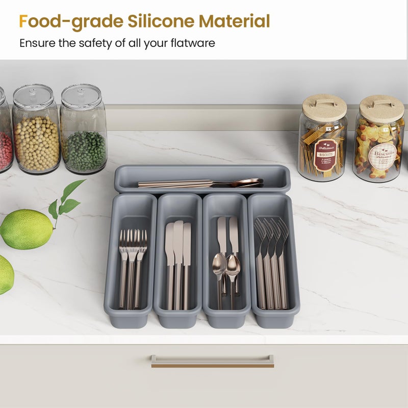 K KORKUAN 5 Pack Silicone Drawer Organizer for Kitchen, DIY Free Combination Silverware Organizer, Utensil Drawer Organizer, Moisture-proof and Heat-resistant up to 200Â°C, Anti-slip Design (Grey) - Image 2