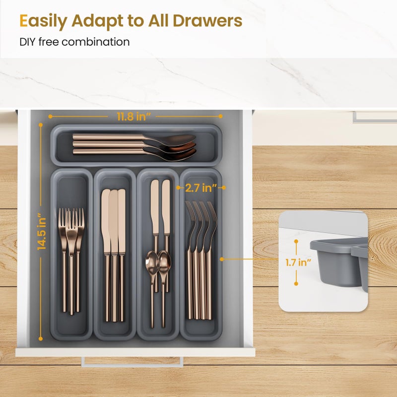 K KORKUAN 5 Pack Silicone Drawer Organizer for Kitchen, DIY Free Combination Silverware Organizer, Utensil Drawer Organizer, Moisture-proof and Heat-resistant up to 200Â°C, Anti-slip Design (Grey) - Image 3