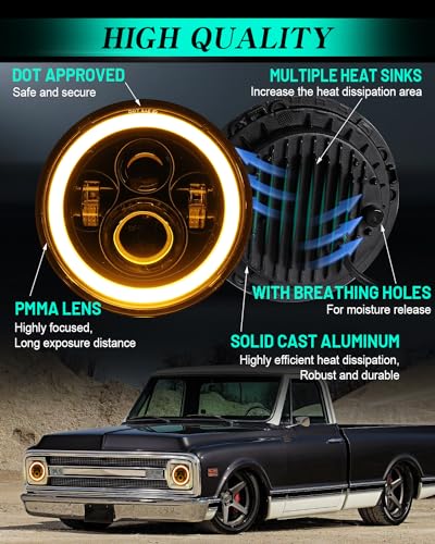 ZIMABLUE 7 inch led Headlight Round 2pc Projector 7 inch Halo led Headlight H6024 DOT Approved Hi/Lo Beam DRL Amber Turn Signal Compatible with Jeep Wrangler JK TJ CJ Compatible with Chevy and miata - Image 5