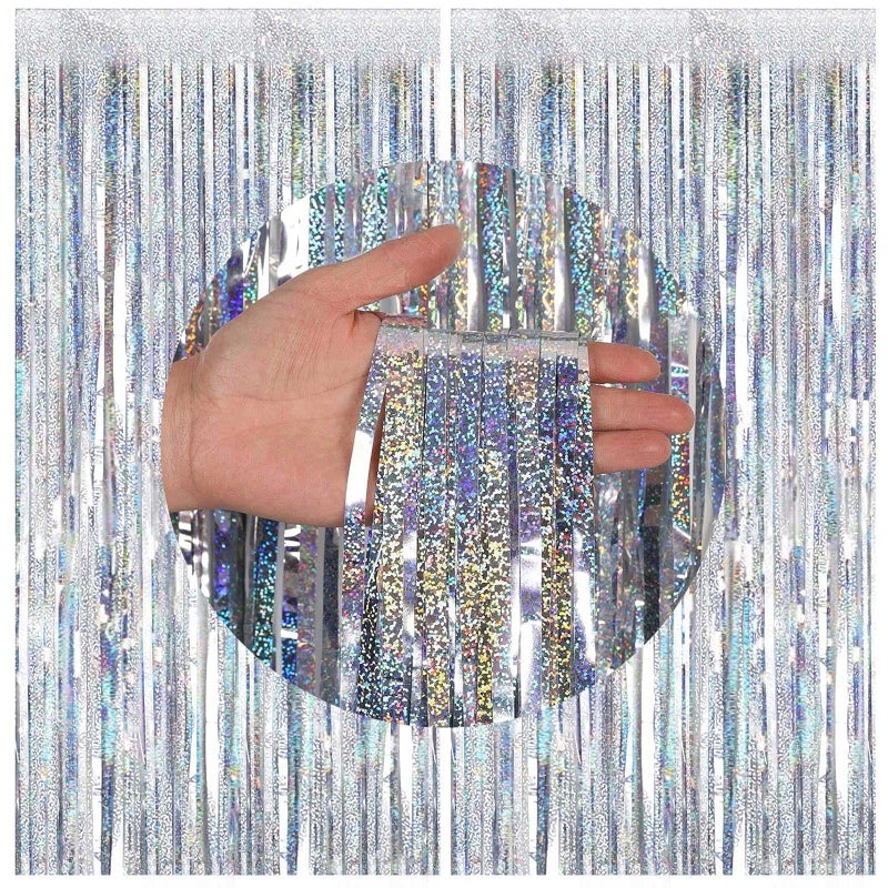 FECEDY 2 عبوات 32 قدم × 66 قدم ستائر فضية متعددة الألوان من خيوط اللمعان لزينة حفلات التصوير لمناسبات الخطوبة وحفلات الزفاف وحفلات العزوبية وحفلات استقبال المواليد وزينة احتفالات العطلات