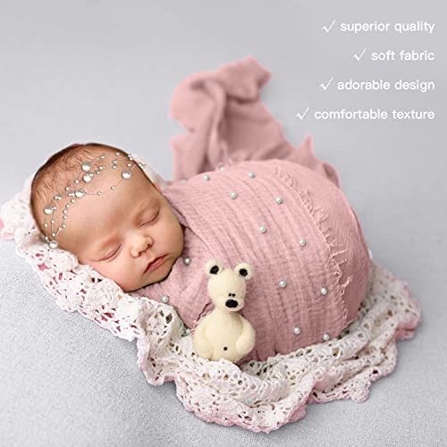 SPOKKI 2 PCS Baby Props Photography Wrap Kit, Newborn Photography Props, Handmade Pearl Wrap Blanket for Baby Photo Props with Pearl Headband, 35.5 X 67 inch Newborn Outfits for Photography (Pink) - Image 4