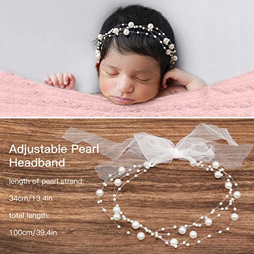 SPOKKI 2 PCS Baby Props Photography Wrap Kit, Newborn Photography Props, Handmade Pearl Wrap Blanket for Baby Photo Props with Pearl Headband, 35.5 X 67 inch Newborn Outfits for Photography (Pink) - Image 3