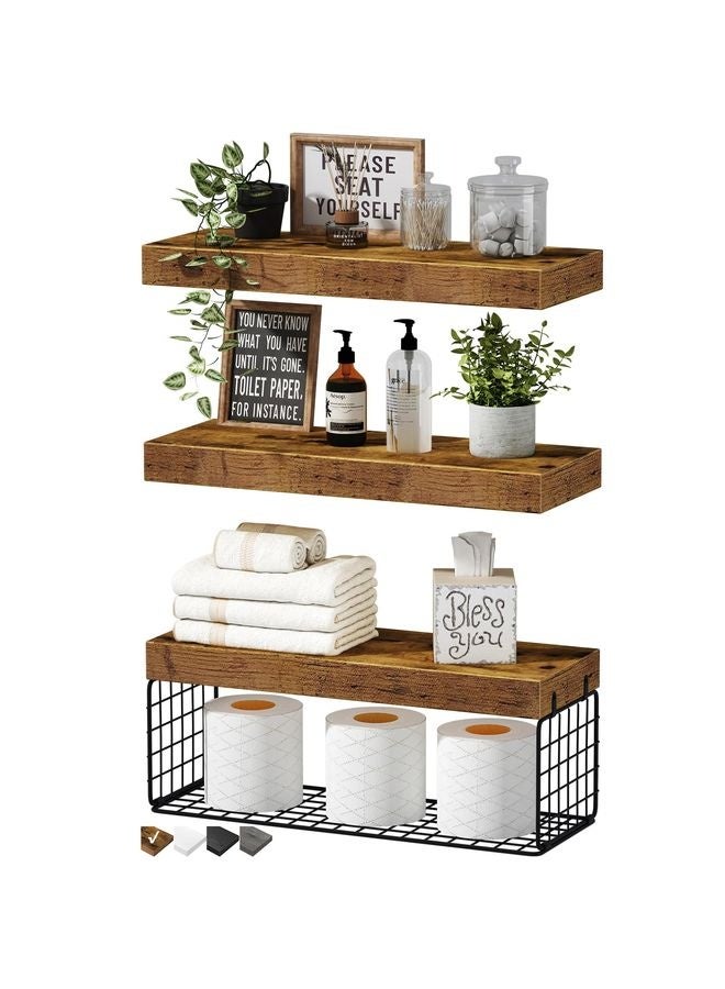 HOMESTAR Bathroom Shelves Over Toilet - Wall Mounted Floating Shelves Toilet Paper Storage Small Farmhouse Decor Shelf 16 inch Set of 3, Brown (019-BN3) - Image 1