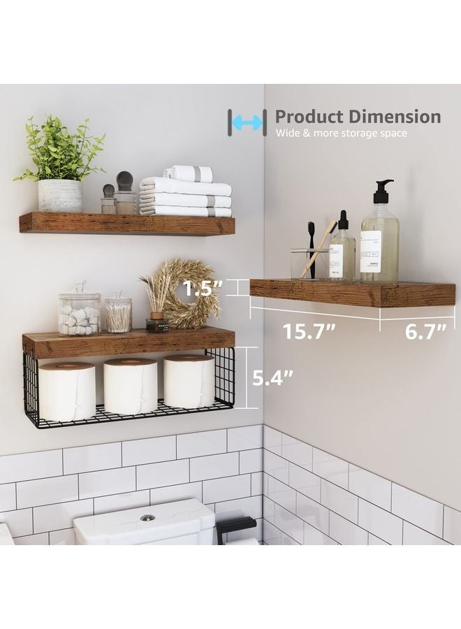HOMESTAR Bathroom Shelves Over Toilet - Wall Mounted Floating Shelves Toilet Paper Storage Small Farmhouse Decor Shelf 16 inch Set of 3, Brown (019-BN3) - Image 3