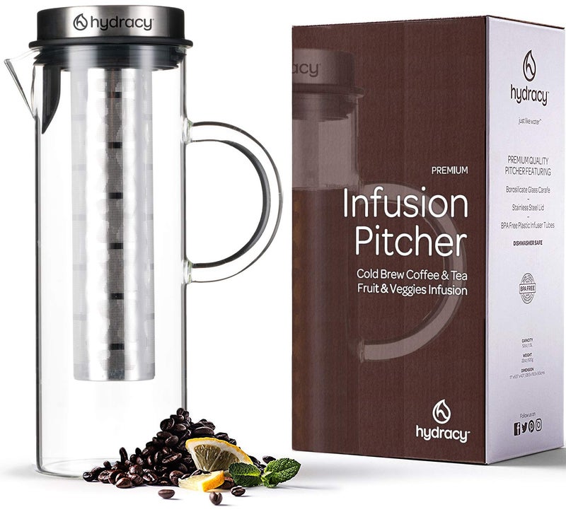Hydracy Cold Brew Coffee Maker  Large Glass Infusion Pitcher 16 Quarts 52oz  Iced Coffee  Iced Tea Pitcher with Stainless Steel Lid  Fruit Infusion Tube  Perfect for Home or Office 