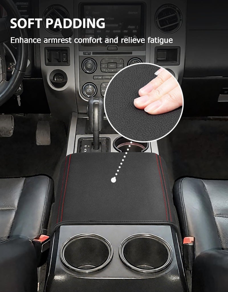 Eaglecover Center Console Cover for Ford F150 XL XLT 2004-2014, Expedition 2007-2014, Lincoln Mark LT 2006-2008, PU Leather Middle Armrest Cusion Protector, Bucket Seat Only, Anti-Scratch, Black Red Stitching - Image 4