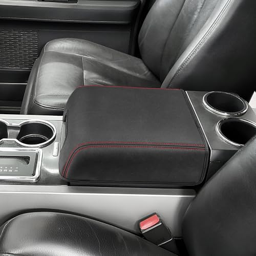 Eaglecover Center Console Cover for Ford F150 XL XLT 2004-2014, Expedition 2007-2014, Lincoln Mark LT 2006-2008, PU Leather Middle Armrest Cusion Protector, Bucket Seat Only, Anti-Scratch, Black Red Stitching - Image 1