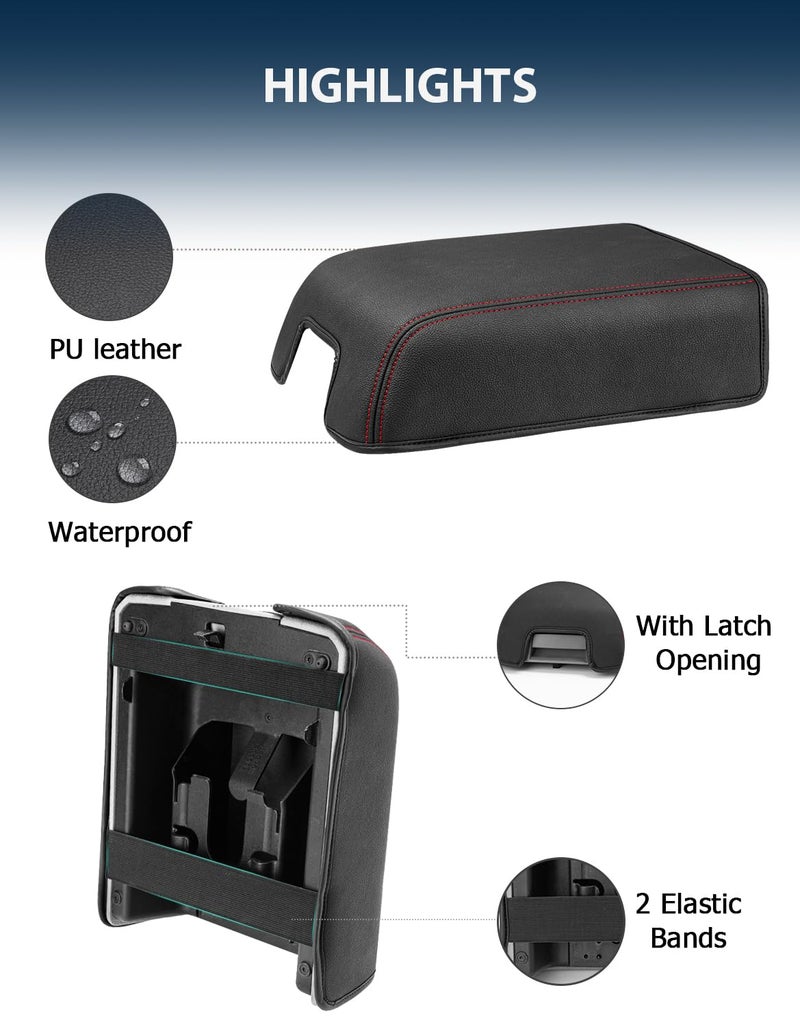 Eaglecover Center Console Cover for Ford F150 XL XLT 2004-2014, Expedition 2007-2014, Lincoln Mark LT 2006-2008, PU Leather Middle Armrest Cusion Protector, Bucket Seat Only, Anti-Scratch, Black Red Stitching - Image 5
