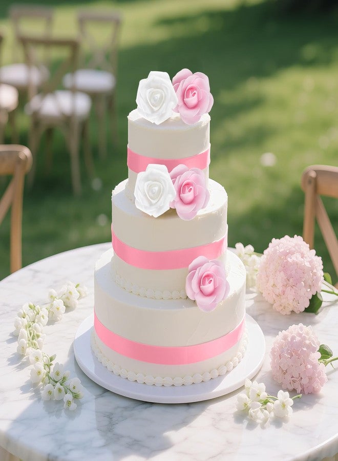 PLULON 4 Tiers Foam Cake Dummies Set 4" 6" 8" 10", PLULON White Round Practice Cake Dummy 12 Inch Tall with Artificial Roses and Ribbons for Wedding Baby Shower Birthday Anniversary Christmas Party Supplies - Image 5